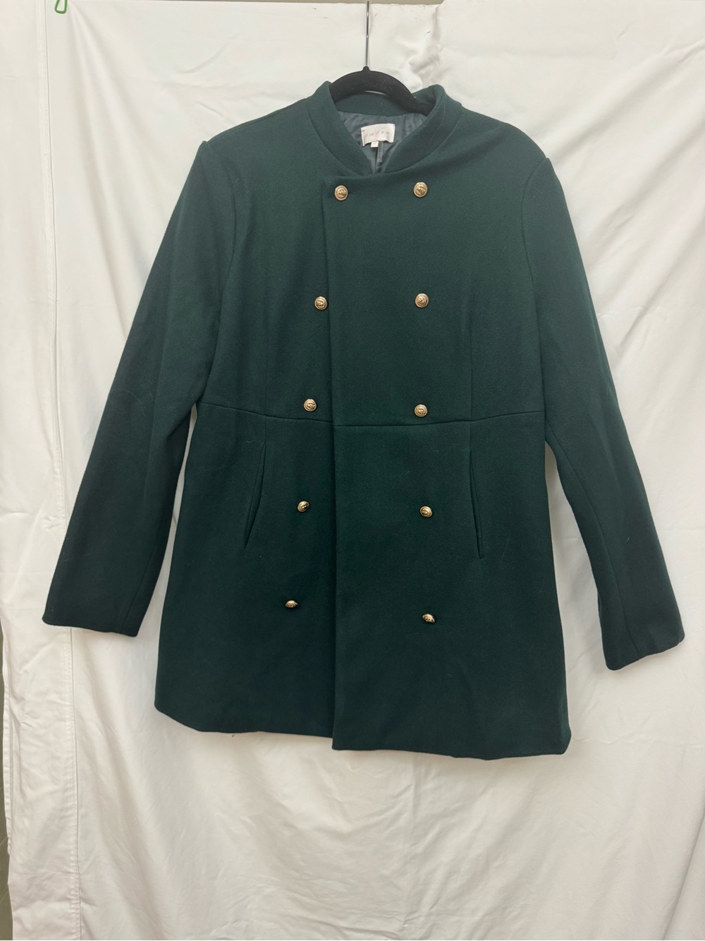 entro Dark Green Double-Breasted Pea Coat with Gold Buttons